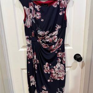 Connected Apparel Navy and Pink Floral Midi Dress